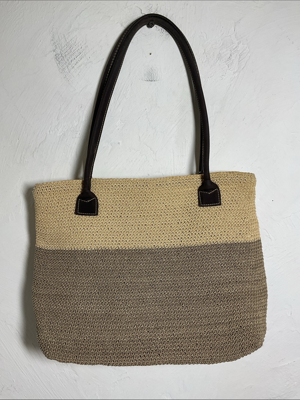 Frankie & Johnnie Two-Tone Woven Straw Crochet Tote Bag Shoulder Purse